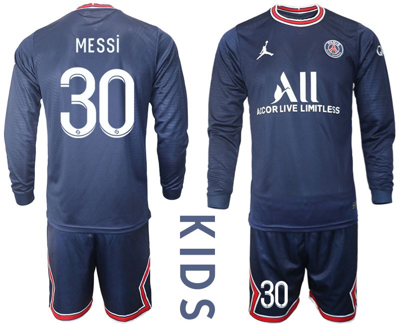 Youth 2021-2022 Club Paris St German home blue Long Sleeve #30 Soccer Jersey->youth soccer jersey->Youth Jersey